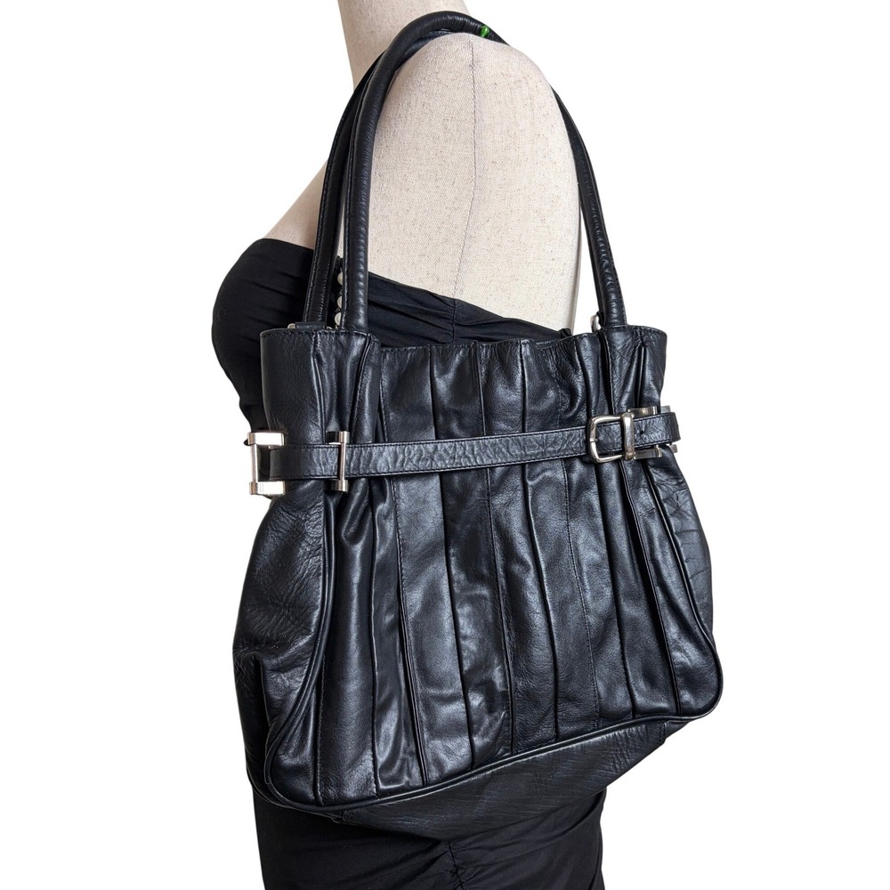 Dizengoff New York Black Leather Pleated Buckle Shoulder Bag Tote Hobo